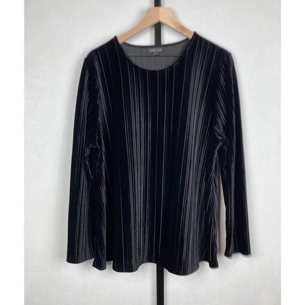 J. Jill Pleated Velvet Blouse Sz XL Black Wearever Comfort Stretch Drape Flowy